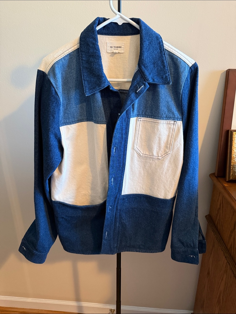 Sezane OCTOBRE Two-Tone Denim Jacket in Blue and Cream